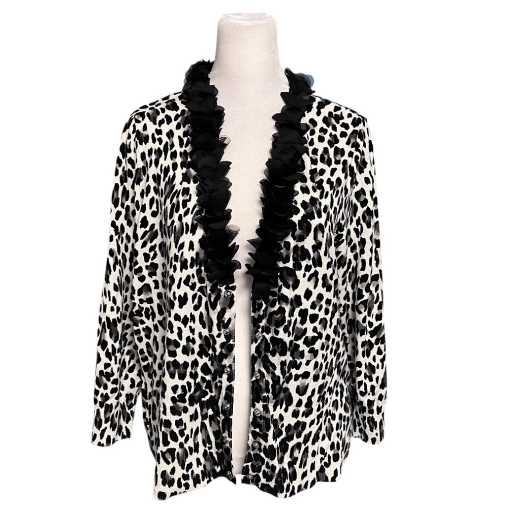 White House Black Market Leopard Print Ruffle Tippi Cardigan Size XL - Picture 5 of 9